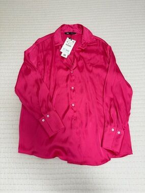 Zara Satin Button-Down Shirt in Hot Pink